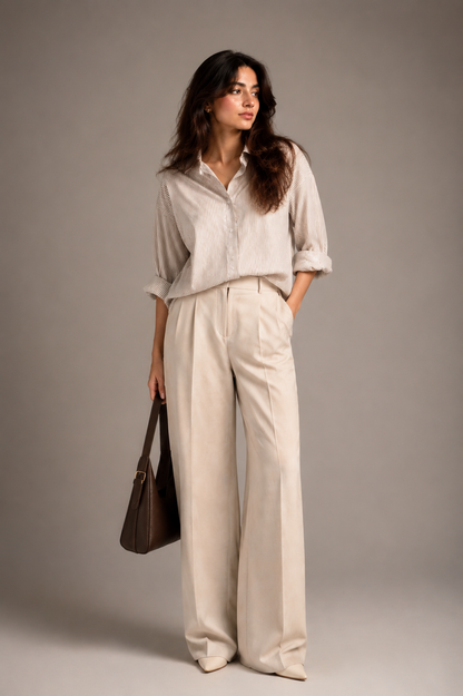Cream White Satin Shirt & Wide Leg Trouser Co-ord