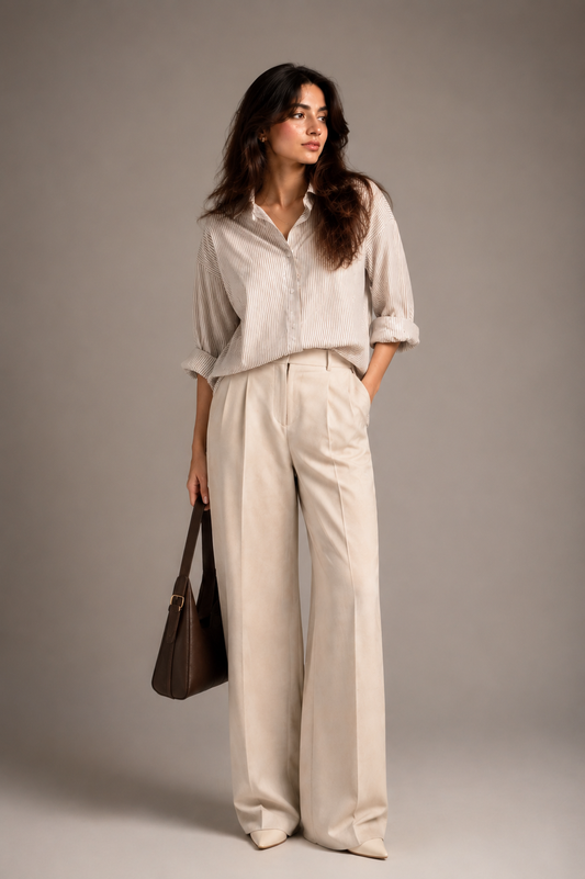 Cream White Satin Shirt & Wide Leg Trouser Co-ord