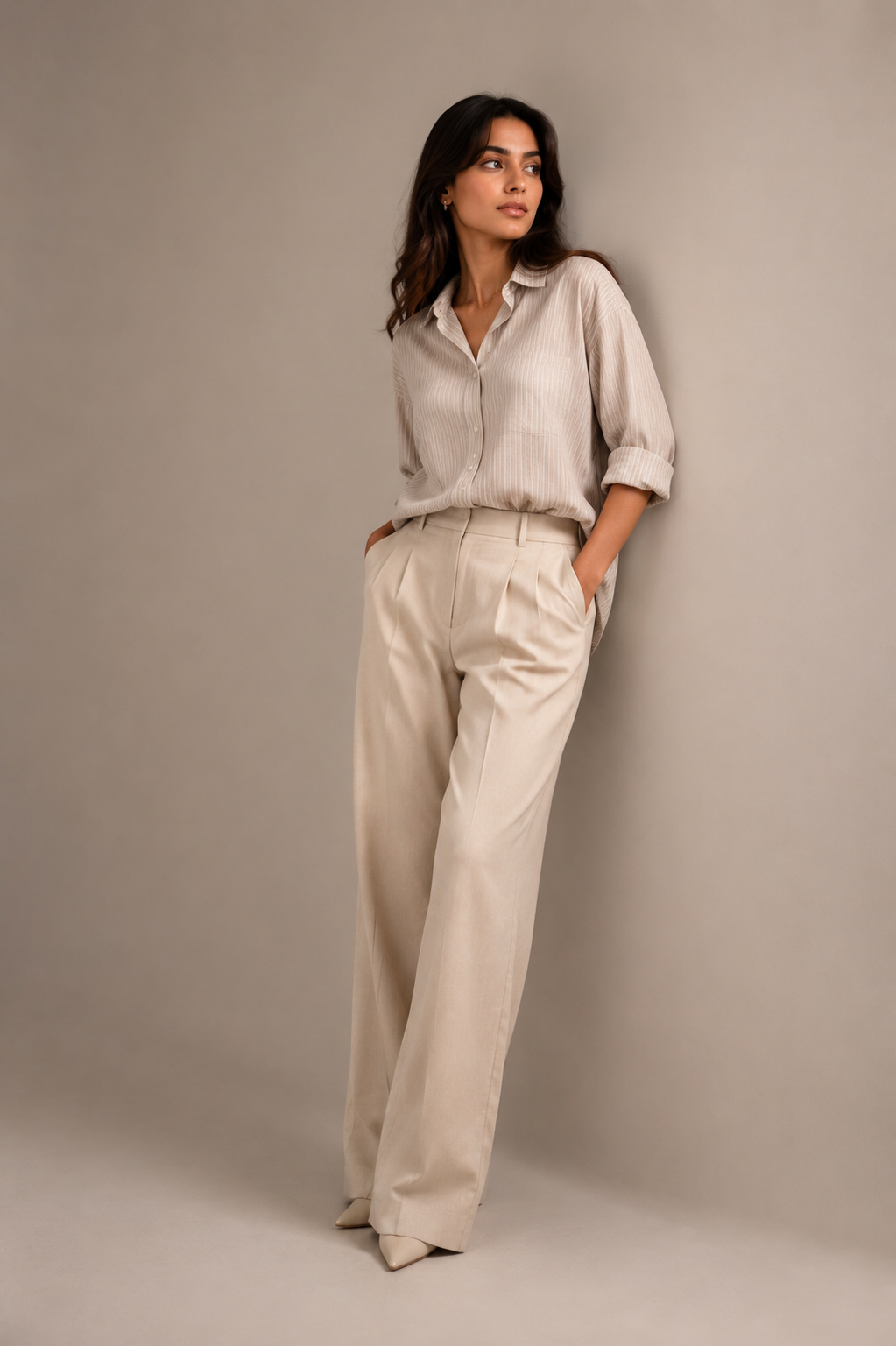 Cream White Satin Shirt & Wide Leg Trouser Co-ord