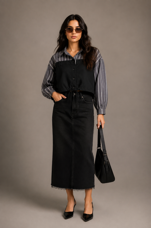 Charcoal Grey Layered Shirt Dress with Corset Vest