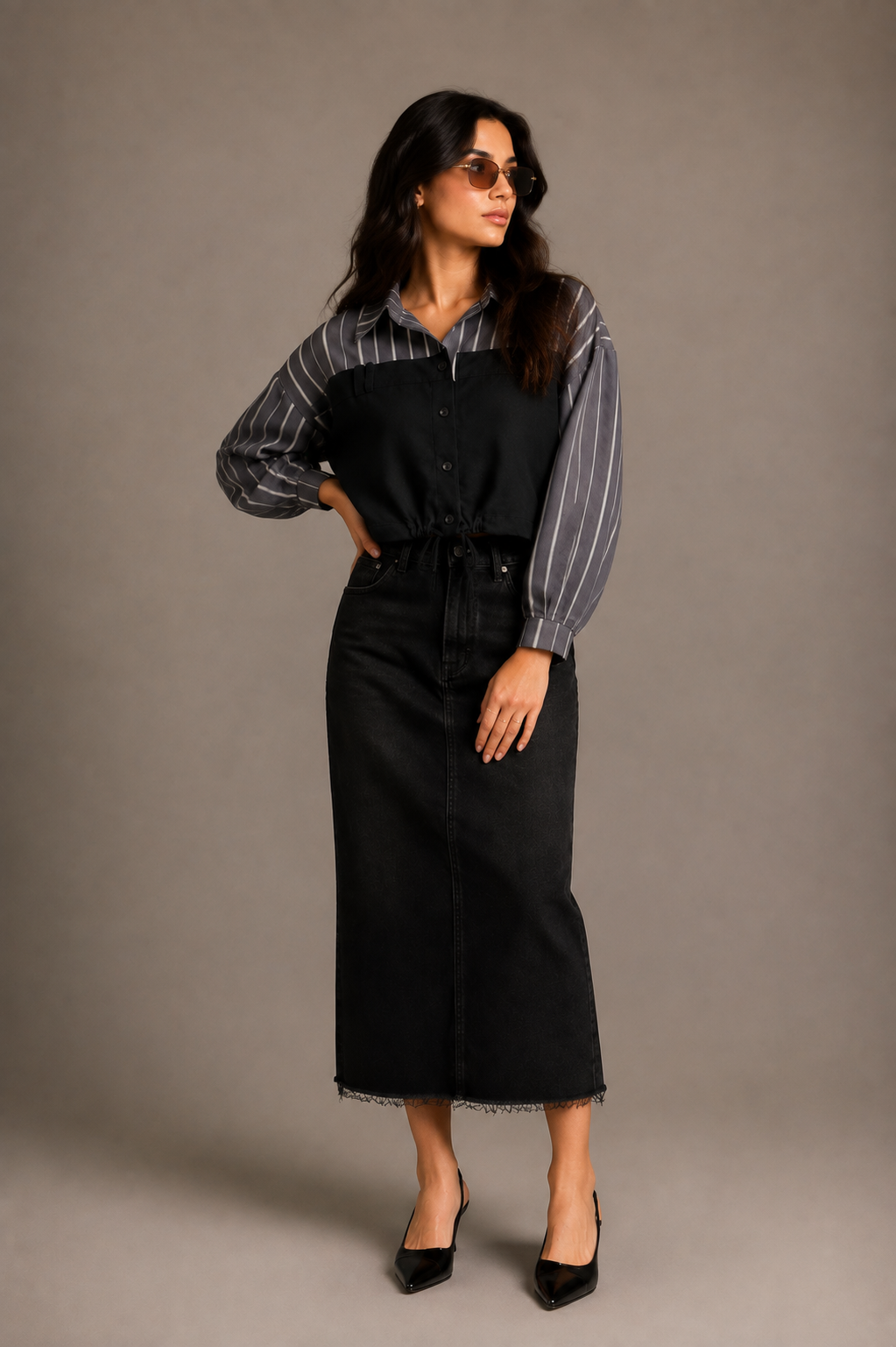 Charcoal Grey Layered Shirt Dress with Corset Vest