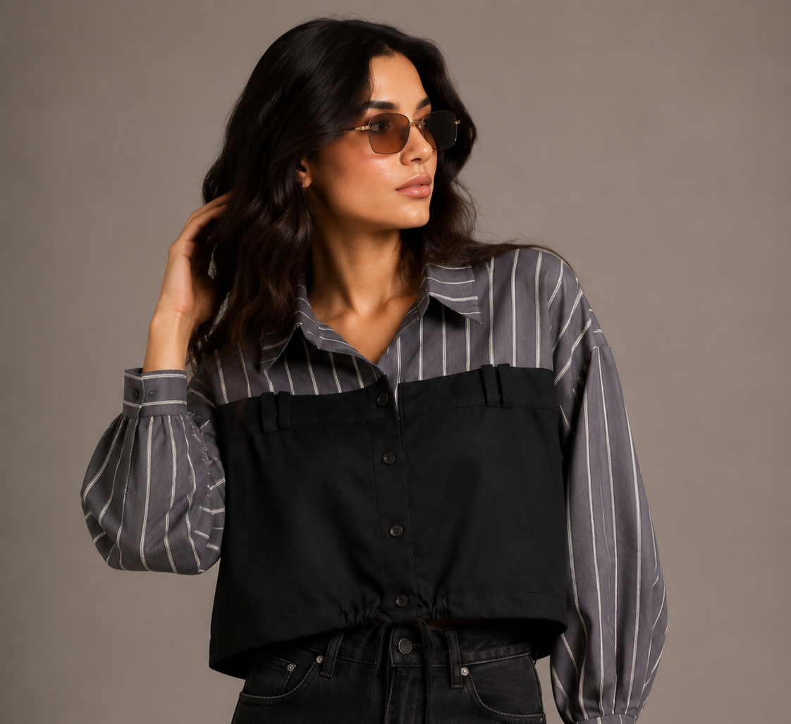 Charcoal Grey Layered Shirt Dress with Corset Vest