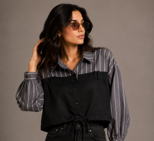 Charcoal Grey Layered Shirt Dress with Corset Vest