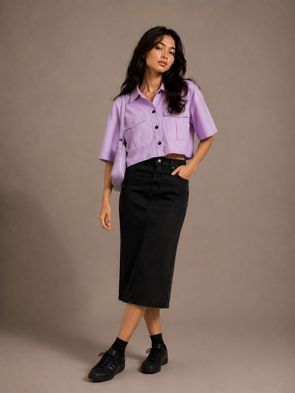 Lilac Button-Down Cropped Blouse & Midi Skirt