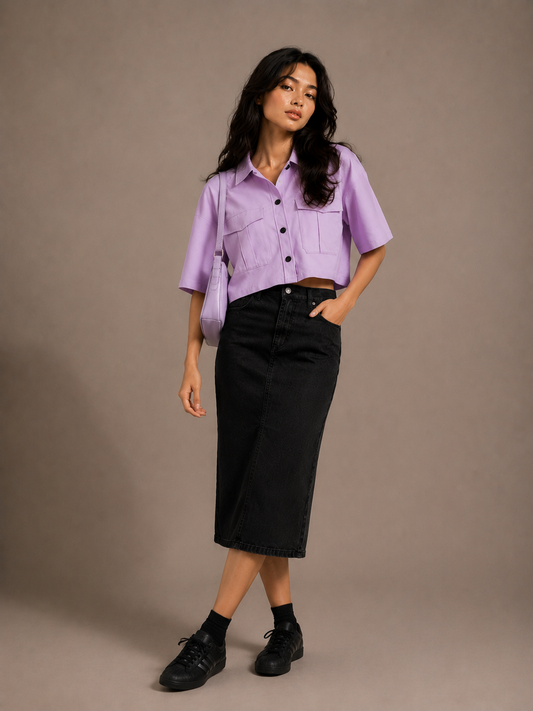 Lilac Button-Down Cropped Blouse & Midi Skirt