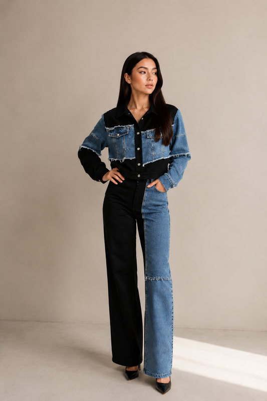 Two-Tone Patchwork Denim Jacket & Flare Pants Set