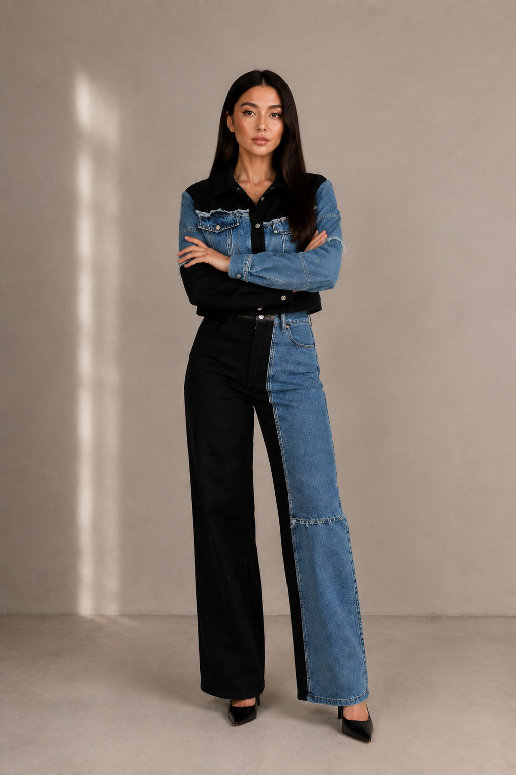 Two-Tone Patchwork Denim Jacket & Flare Pants Set