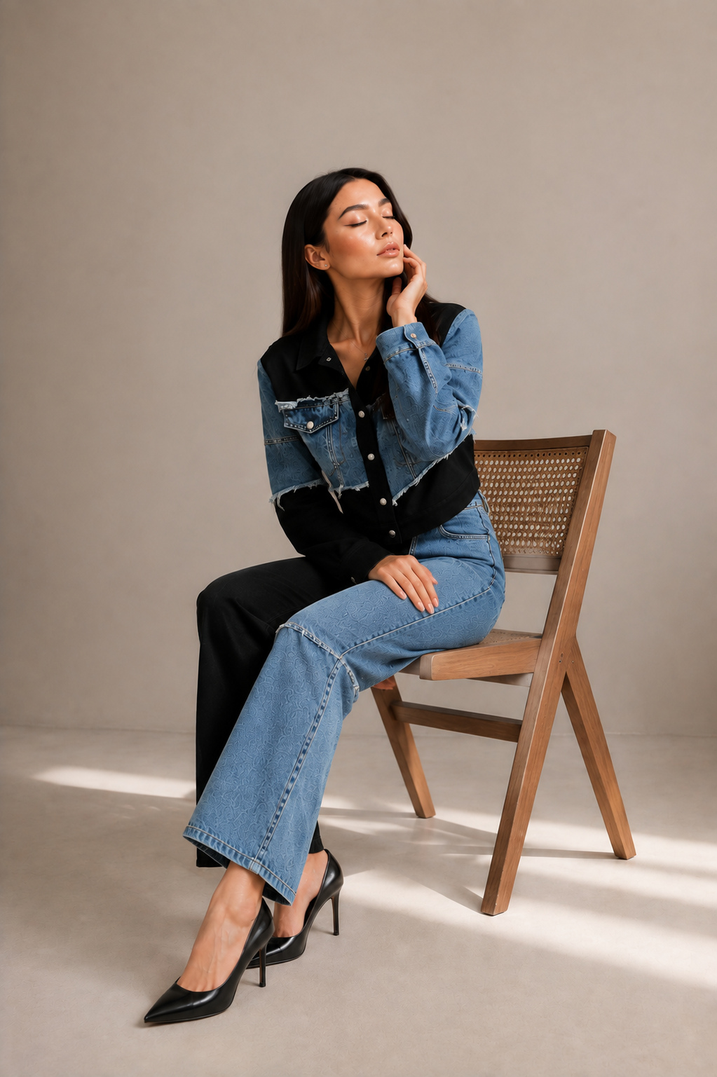 Two-Tone Patchwork Denim Jacket & Flare Pants Set