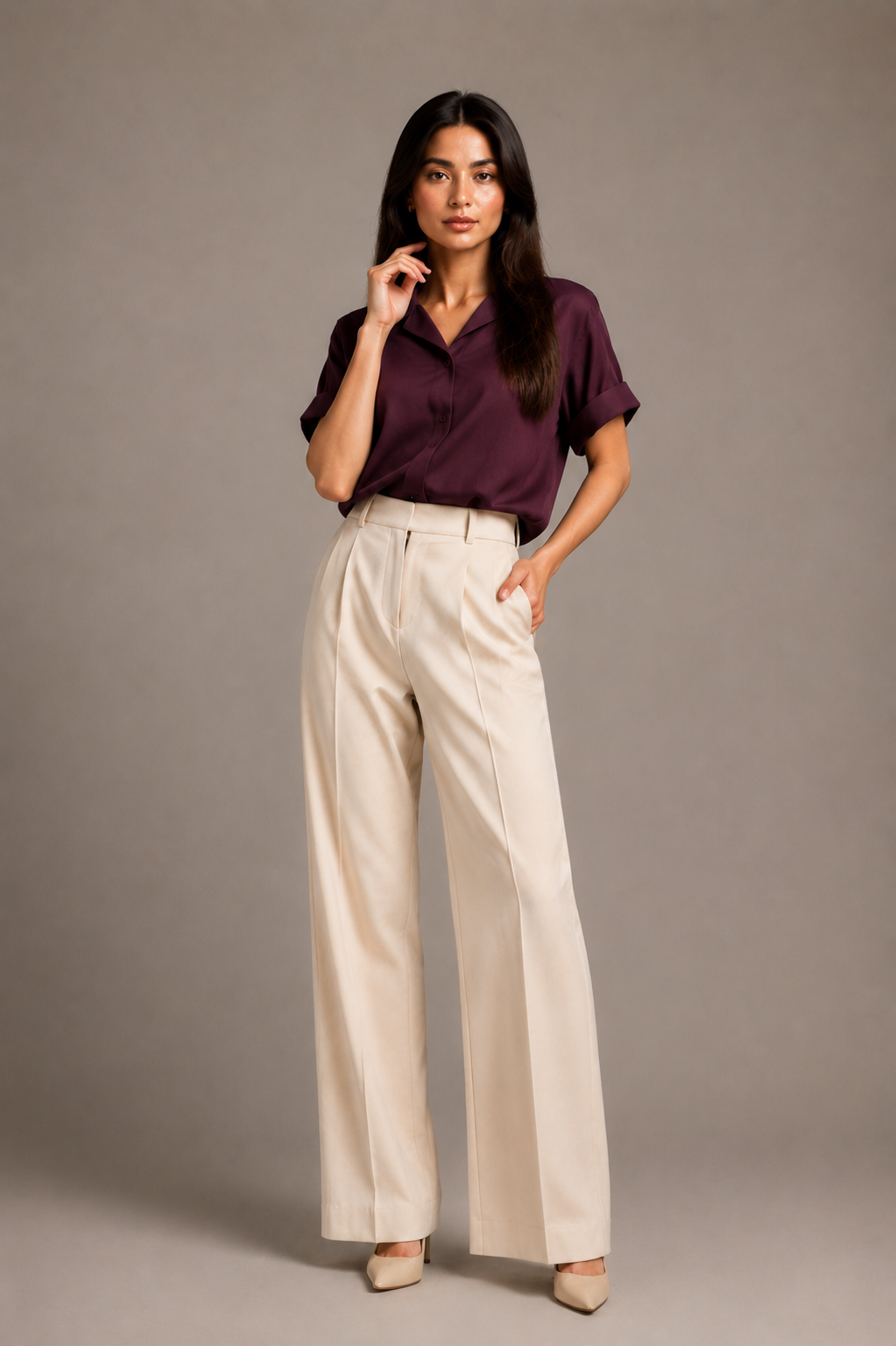 Satin Dark Plum Short Sleeve Top & Cream Trousers