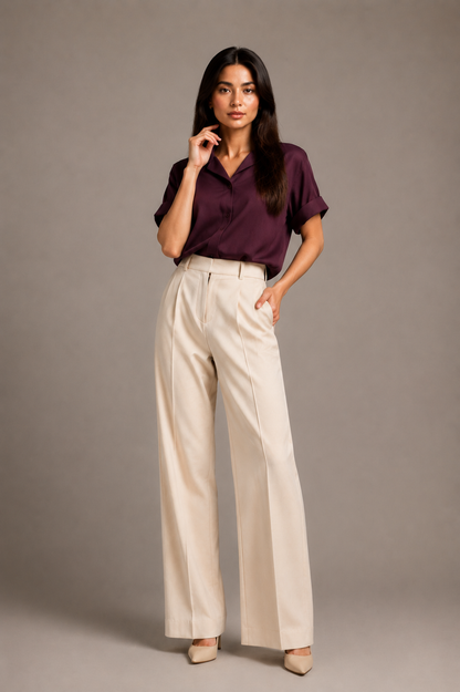 Satin Dark Plum Short Sleeve Top & Cream Trousers