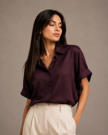 Satin Dark Plum Short Sleeve Top & Cream Trousers