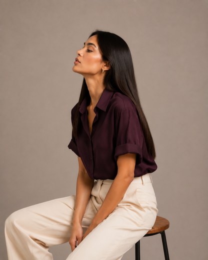 Satin Dark Plum Short Sleeve Top & Cream Trousers