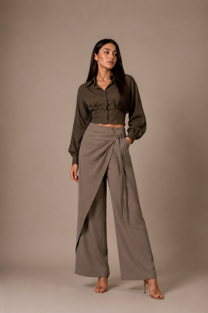 Olive Green Wrap Blouse & Pleated Palazzos Set