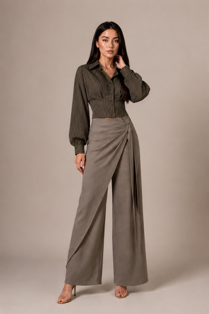 Olive Green Wrap Blouse & Pleated Palazzos Set