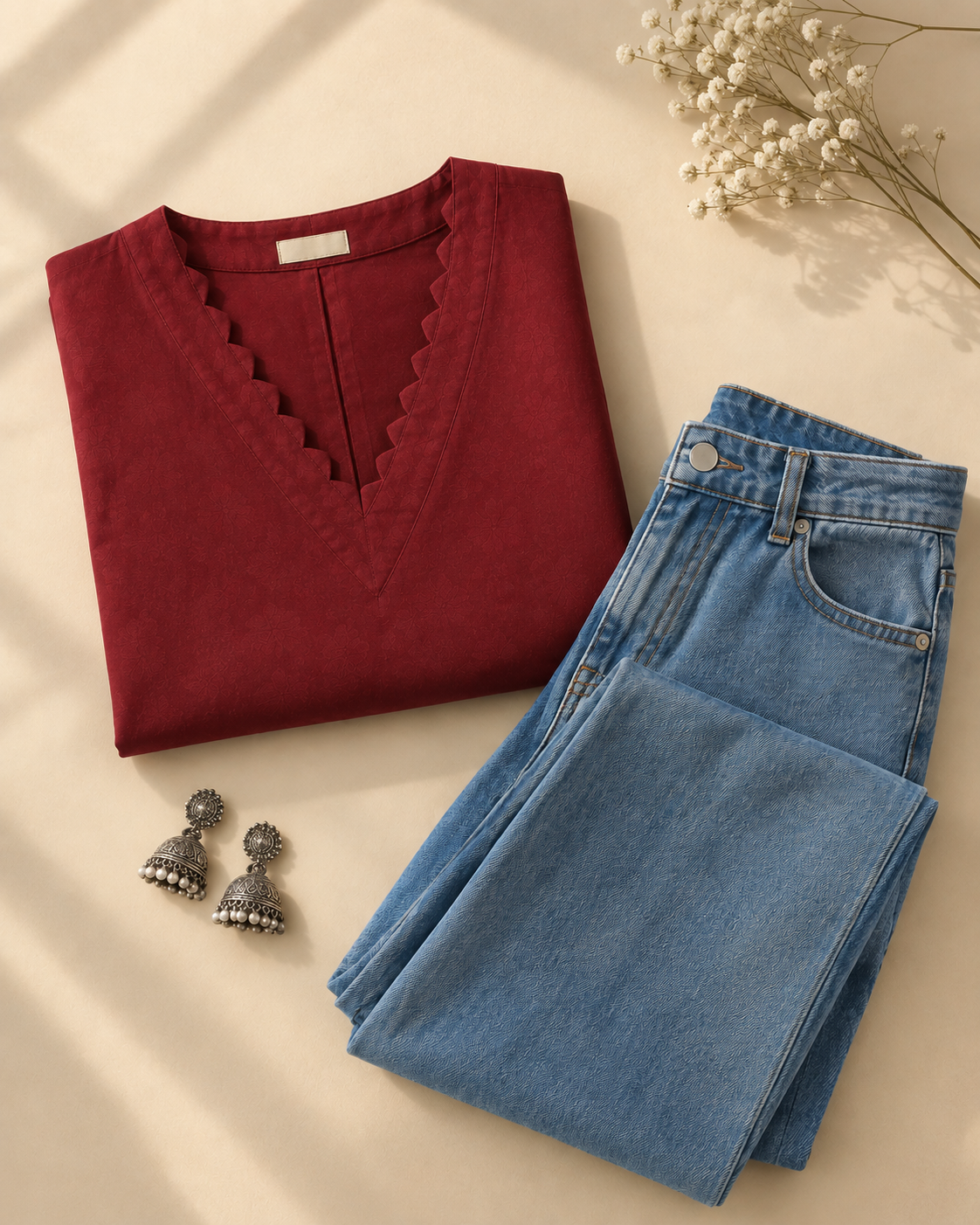 Maroon Ribbed Knit Top & Wide Leg Denim Jeans