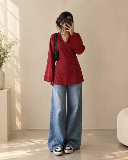 Maroon Ribbed Knit Top & Wide Leg Denim Jeans