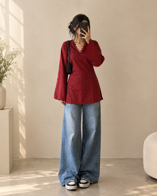 Maroon Ribbed Knit Top & Wide Leg Denim Jeans