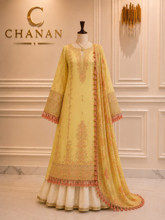 Mustard Yellow Silk Anarkali Dress Unstitched