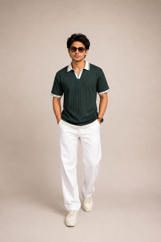 Forest Green Contrast Trim Knit Polo
