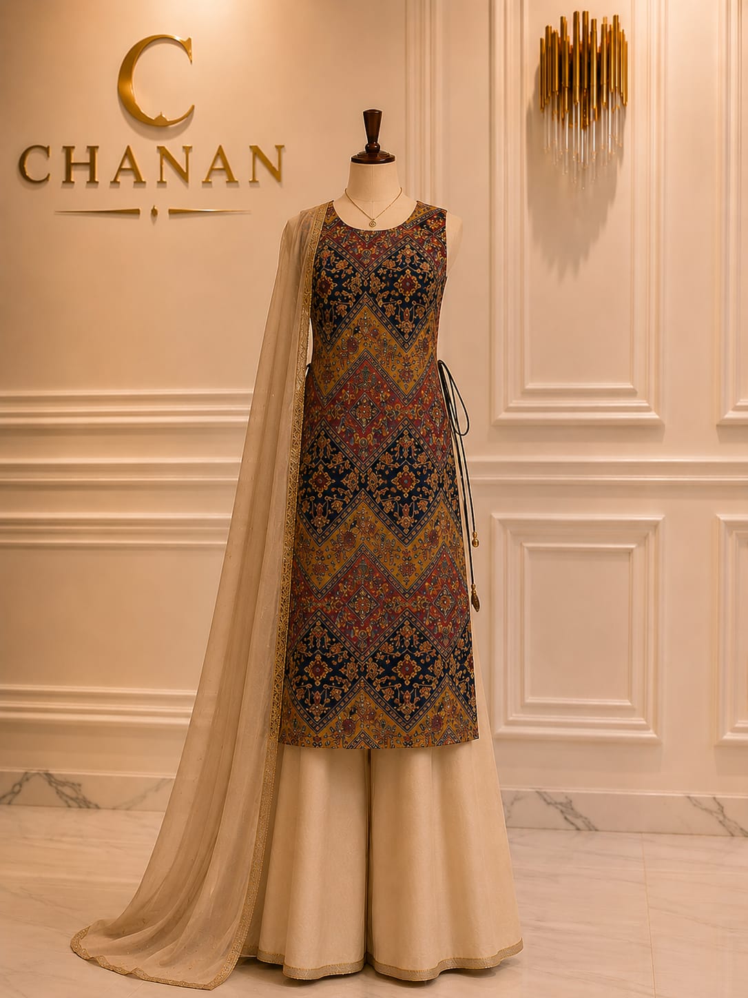 Olive Green Hand-Embroidered Gharara Set Unstitched