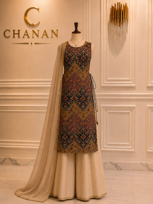 Olive Green Hand-Embroidered Gharara Set Unstitched