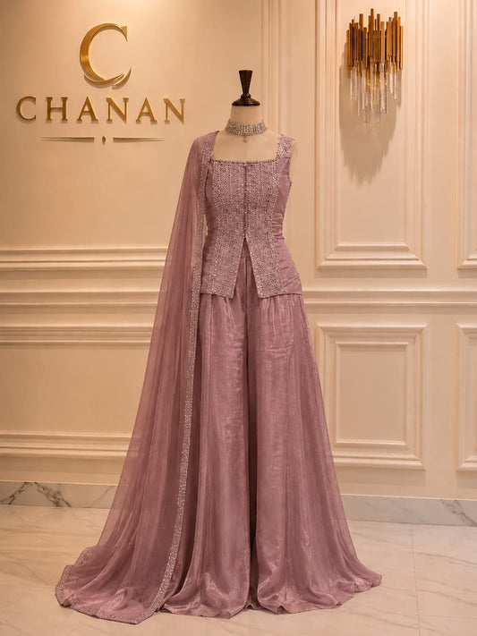 Peach Orange Embroidered Raw Silk Suit