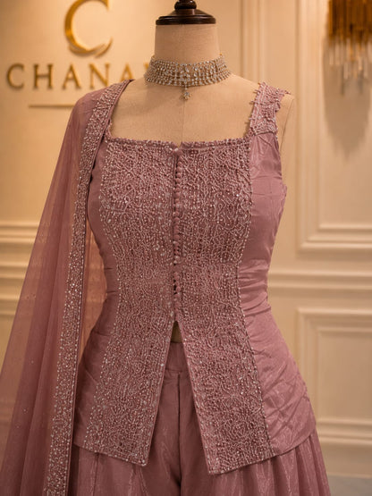 Peach Orange Embroidered Raw Silk Suit